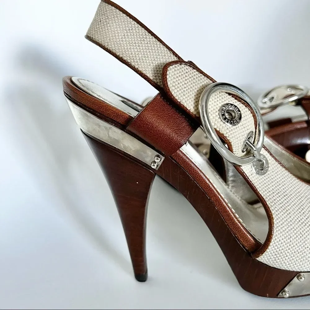 NEW Dolce & Gabbana Canvas Wooden Platform Open Toe Slingback EU 37 MSRP $795